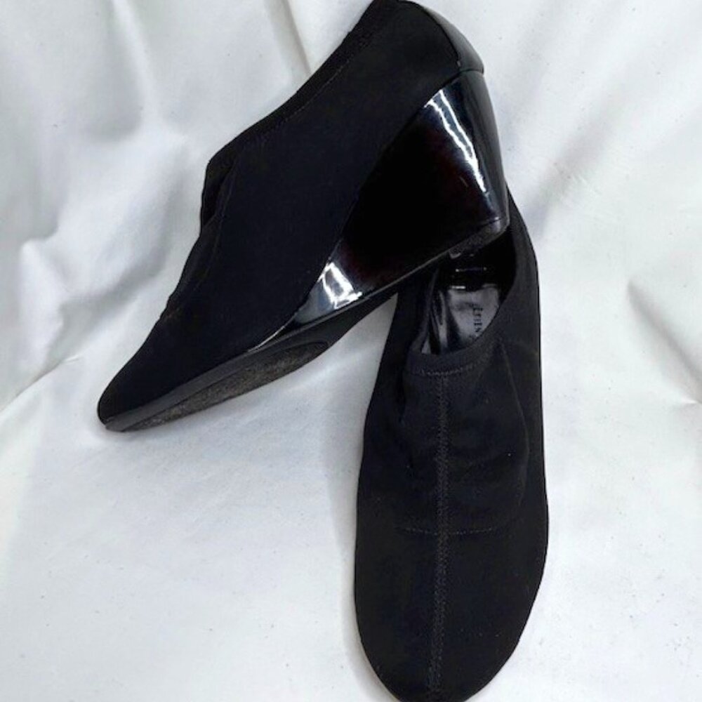 Etienne Aigner Black stretch Fabric Patent Wedge Heel Shoes - Picture 3 of 9